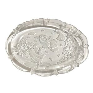 1980’s Christmas Glass Plate with Angels, Stars, Celestial, Oval Candy Dish
